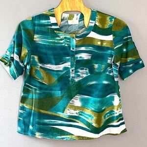 Metro Wear Linen Blend Top XL‎ Green Short Roll Tab Sleeves Boho Resort Casual